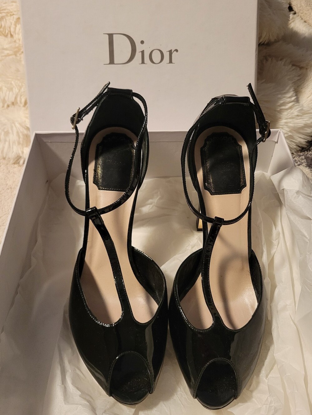 Dior Black Patent Leather T-Strap Peep-Toe Heels Sz 38
